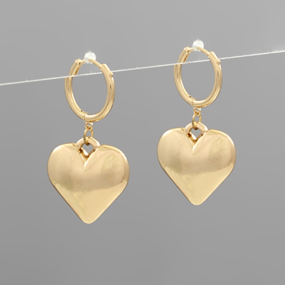 Gold - Puffy Heart Dangle Hoops